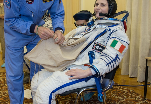 15-02-29 At the Baikonur Cosmodrome in Kazakhstan, Expedition 40 41 backup Flight Engineer Samantha Cristoforetti of the European Space Agency suits up in her Russian Sokol launch and entry suit May 16 for a dre o